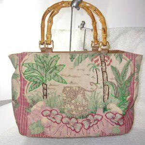 E-144 BUENO CANVAS AND BEADED PURSE WITH LEOPARDS